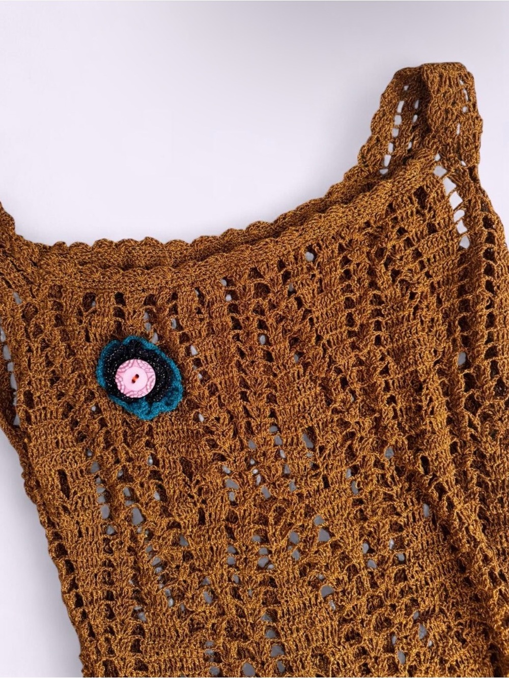 Handmade Crochet Tank Top Burnt Orange Terra Color Flower Detail Boho Indie - Picture 2 of 4